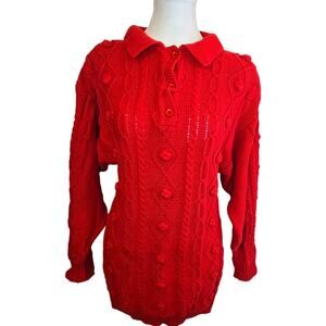 Andriano Fatigati Red Cable Knit Sweater Womens Small 100% Cotton Button Up